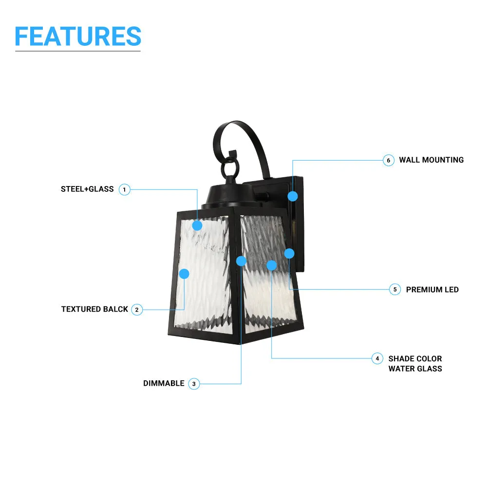 12W LED Outdoor Wall Lantern Fixture with Water Glass Shade, 4000K (Cool White), Dimmable, ETL Listed