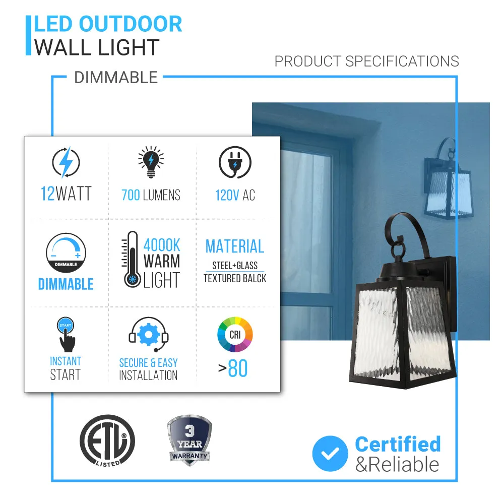 12W LED Outdoor Wall Lantern Fixture with Water Glass Shade, 4000K (Cool White), Dimmable, ETL Listed