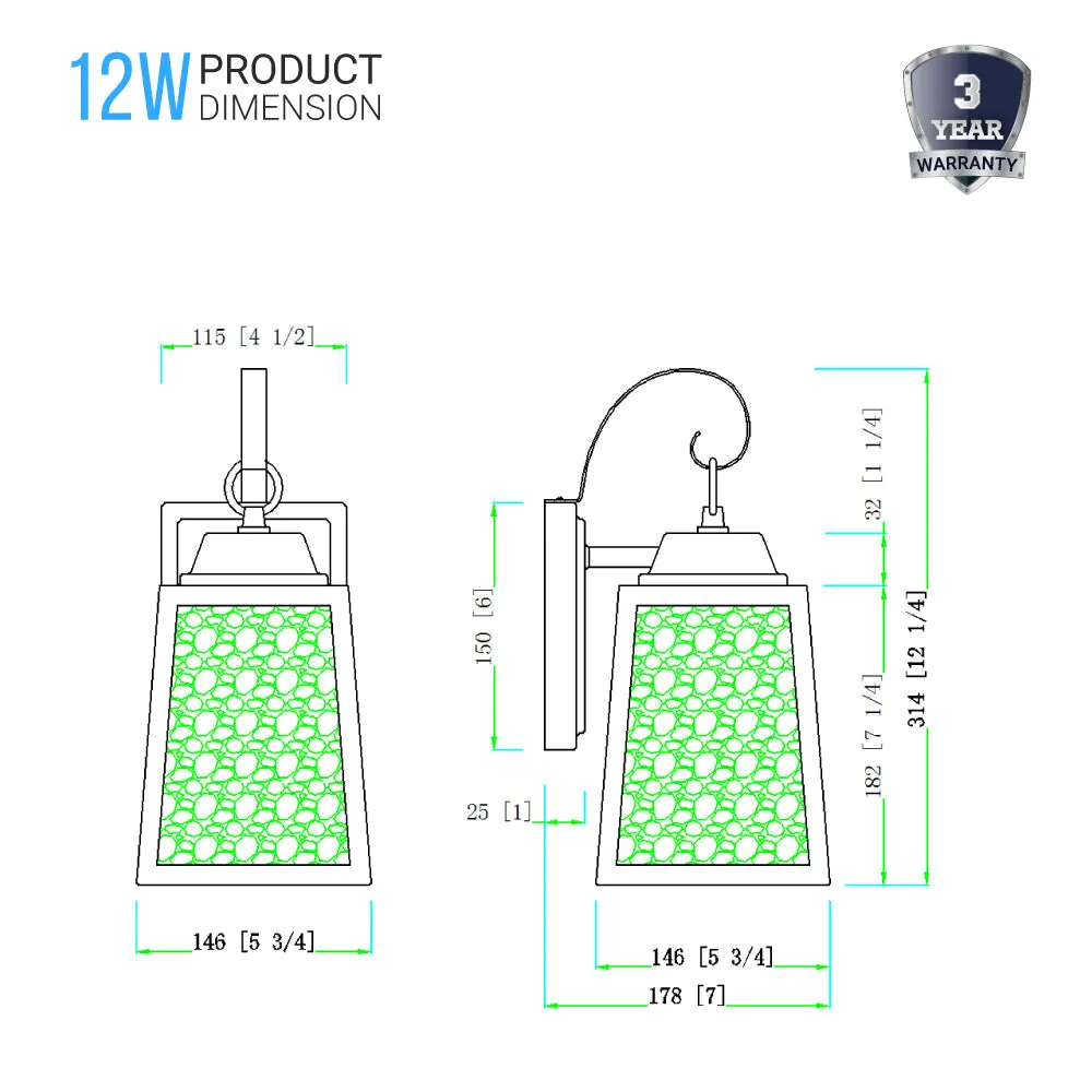 12W LED Outdoor Wall Lantern Fixture with Water Glass Shade, 4000K (Cool White), Dimmable, ETL Listed