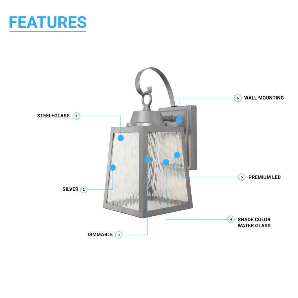 12W LED Outdoor Wall Lantern Fixture with Water Glass Shade, 4000K (Cool White), Dimmable, ETL Listed