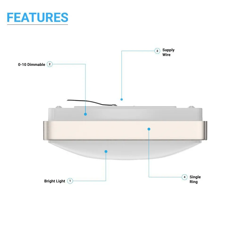 15W Square LED Flush Mount Ceiling Light - 11 inch Brushed Nickel - 1050 Lm - Single Ring
