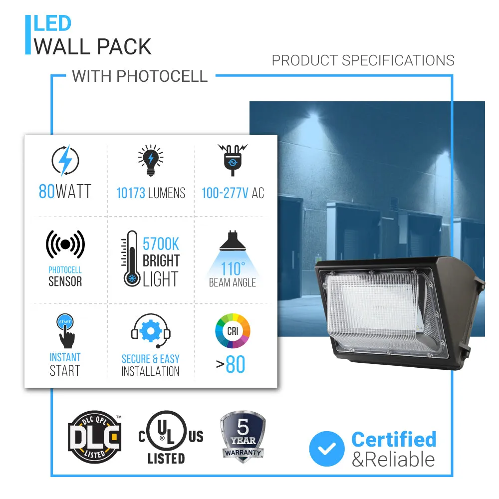 80W LED Wall Pack Light With Photocell Sensor - 10,173 Lumens, 5700K Bronze Finish - Forward Throw