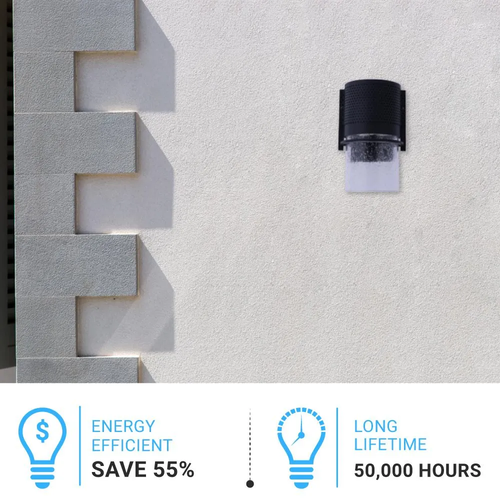 9W Cylinder LED Wall Sconce Light 5000K Daylight White, 500 Lumens, LED Outdoor Wall Light, Clear Bubble Glass, 120V Dimmable ETL Listed Textured Black Finish