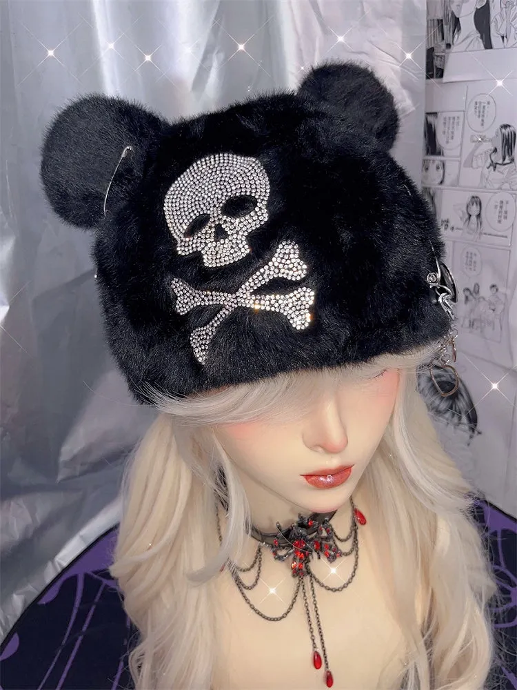 Black Skeleton Rhinestone Bear Ears Design Hat