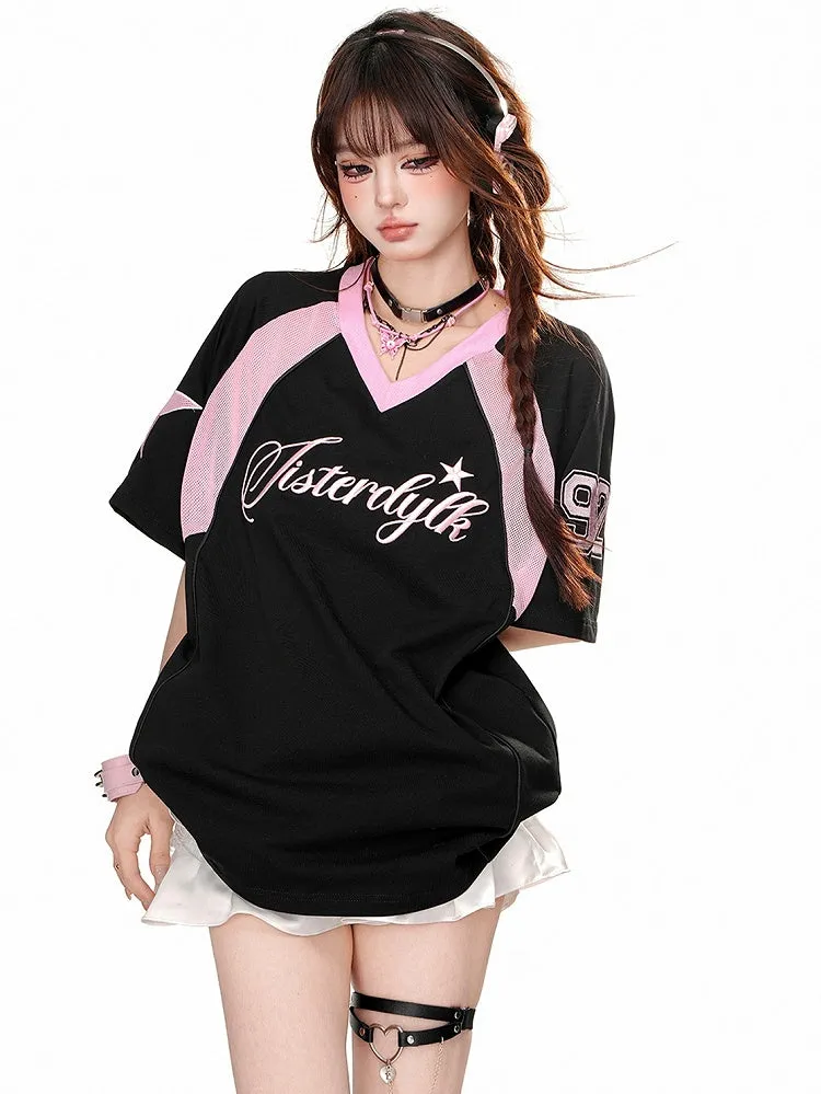 Black/White V-Neck Short Sleeves Sports Top