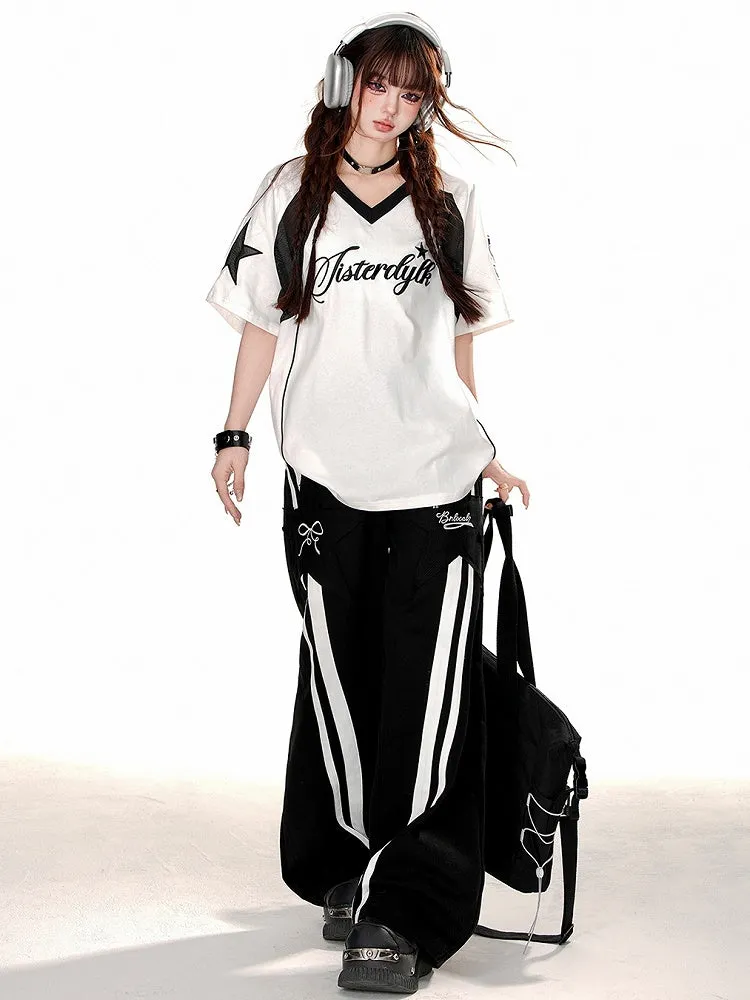 Black/White V-Neck Short Sleeves Sports Top