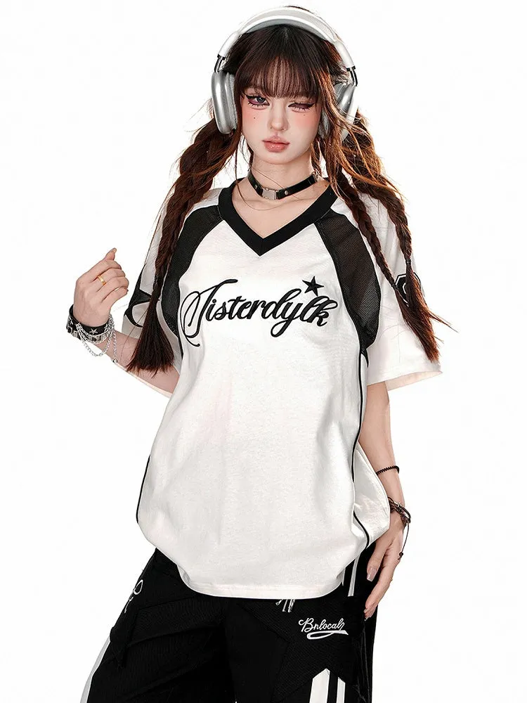 Black/White V-Neck Short Sleeves Sports Top