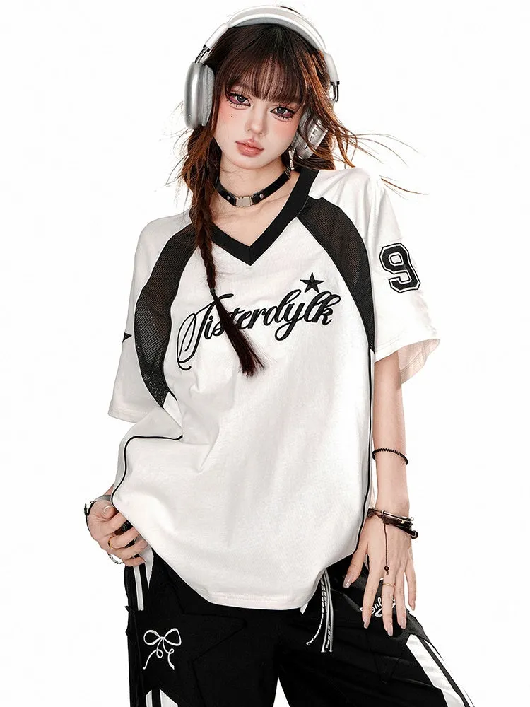 Black/White V-Neck Short Sleeves Sports Top