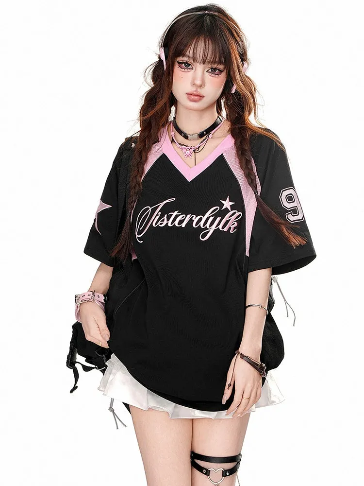Black/White V-Neck Short Sleeves Sports Top
