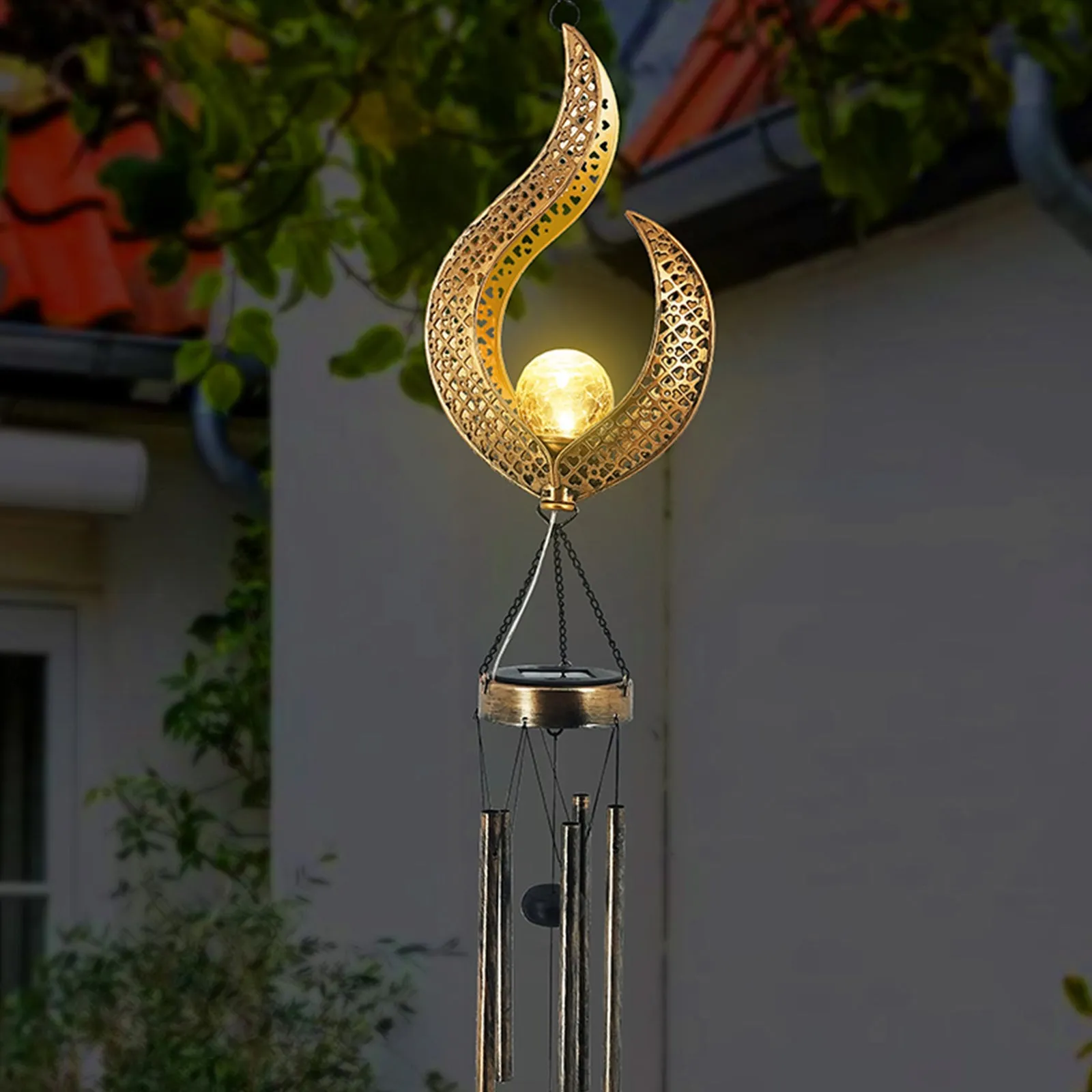 Solar Wrought Iron Wind Chime Outdoor Flame Lamp