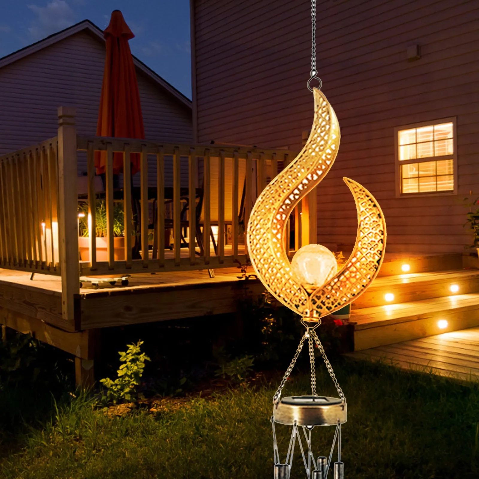 Solar Wrought Iron Wind Chime Outdoor Flame Lamp