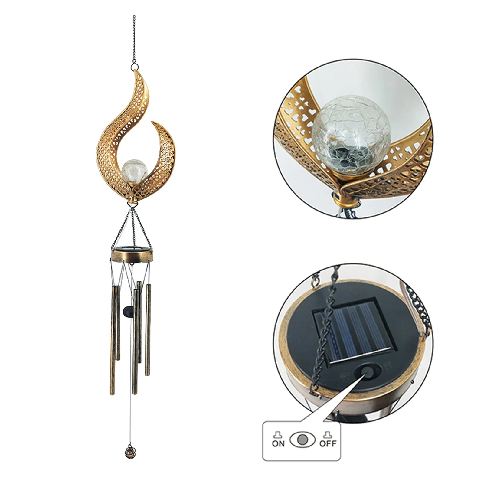 Solar Wrought Iron Wind Chime Outdoor Flame Lamp