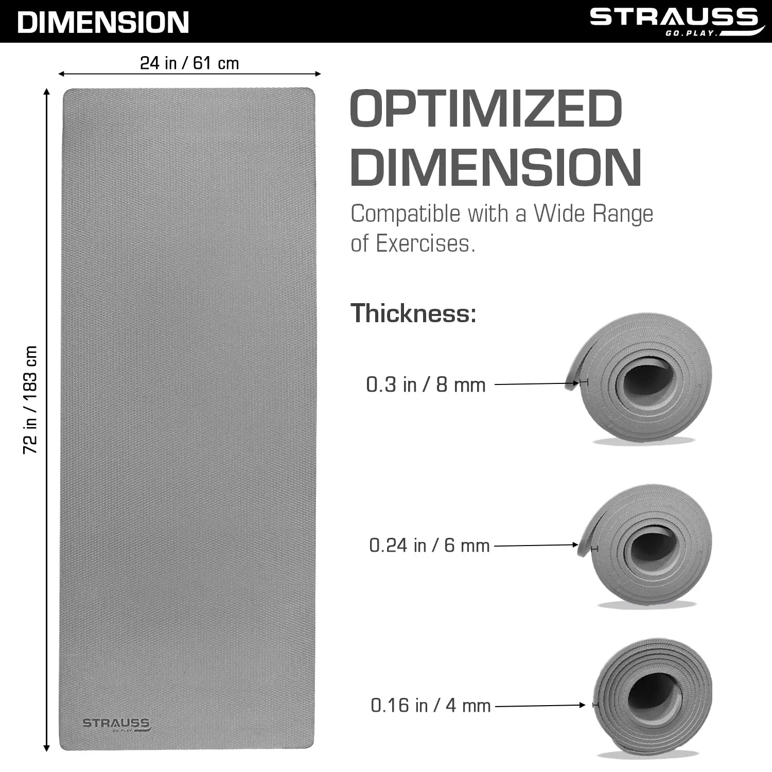 Strauss Anti Skid EVA Yoga Mat with Carry Strap, 8mm, (Grey)